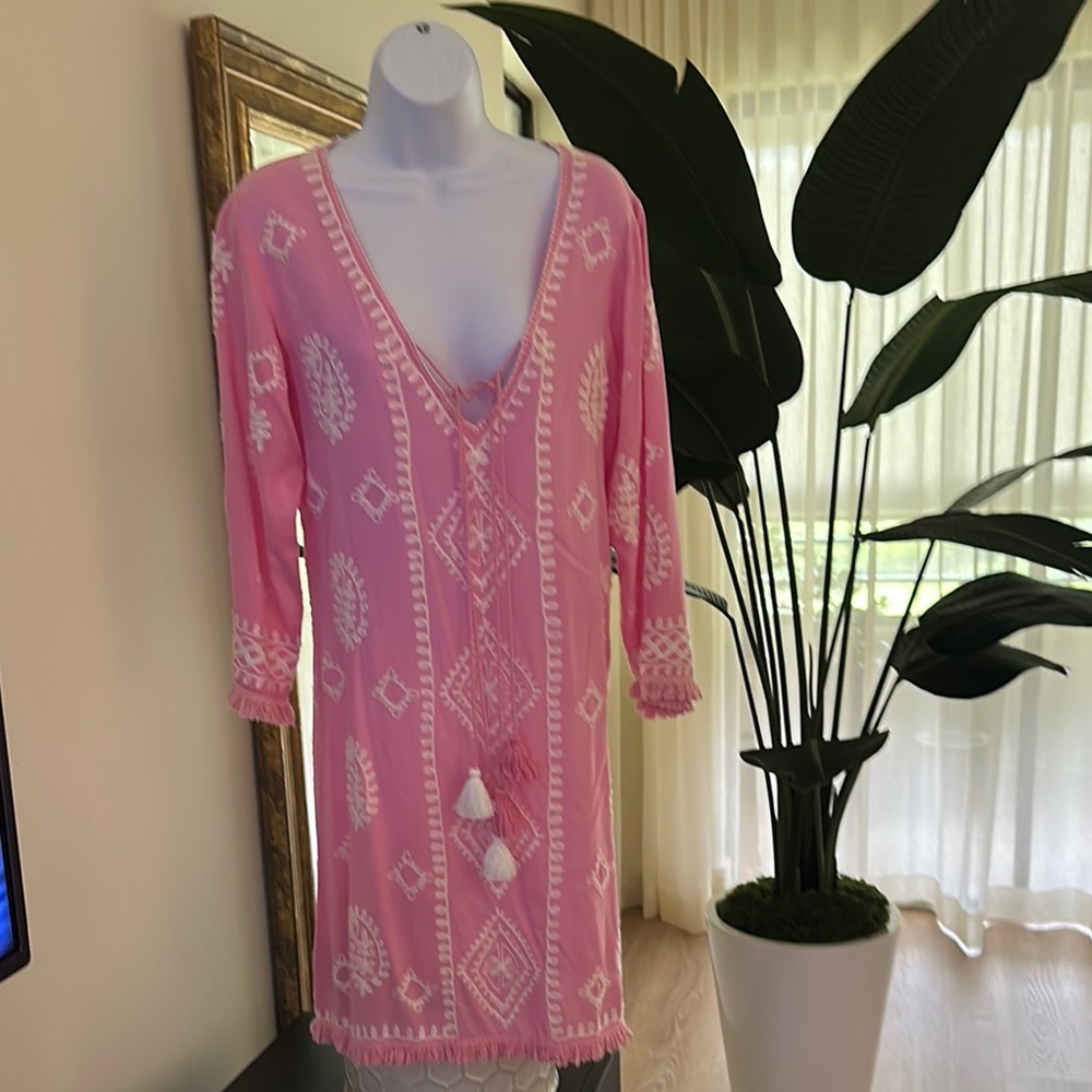 Pink and White embroidered cotton Beach Coverup